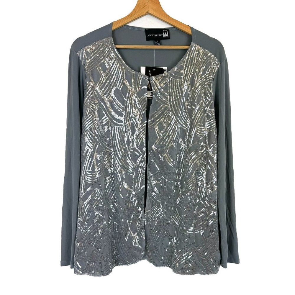 NWT Antthony Originals Grey Silver Sequin Cardigan L